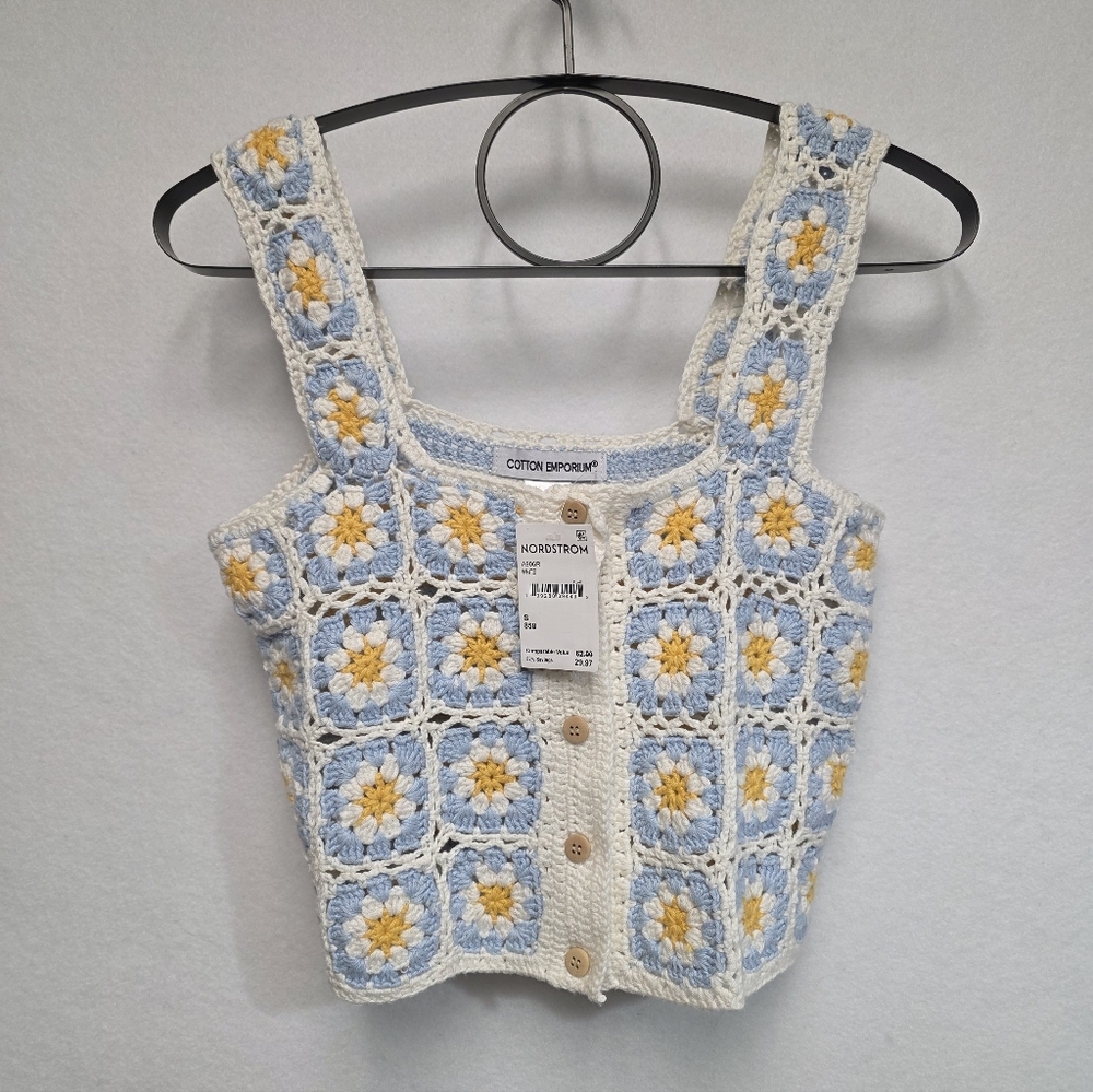 Cotton Emporium Blue and Yellow Vintage Inspired Crochet Crop Top Size Small - Picture 9 of 10